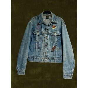 Vintage 70s Lee Denim Jacket Chain Stitch Folk Art Owl Snail Cottagecore Blue
